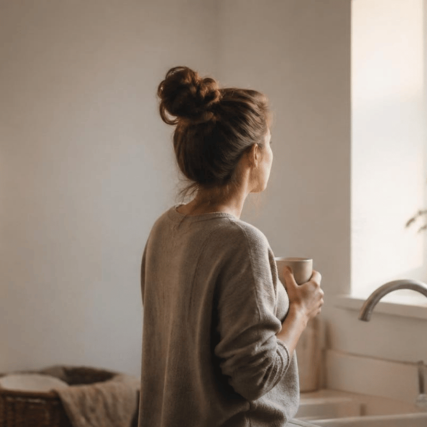 Vrouw met een kop thee kijkt uit het raam in een licht, rustig interieur