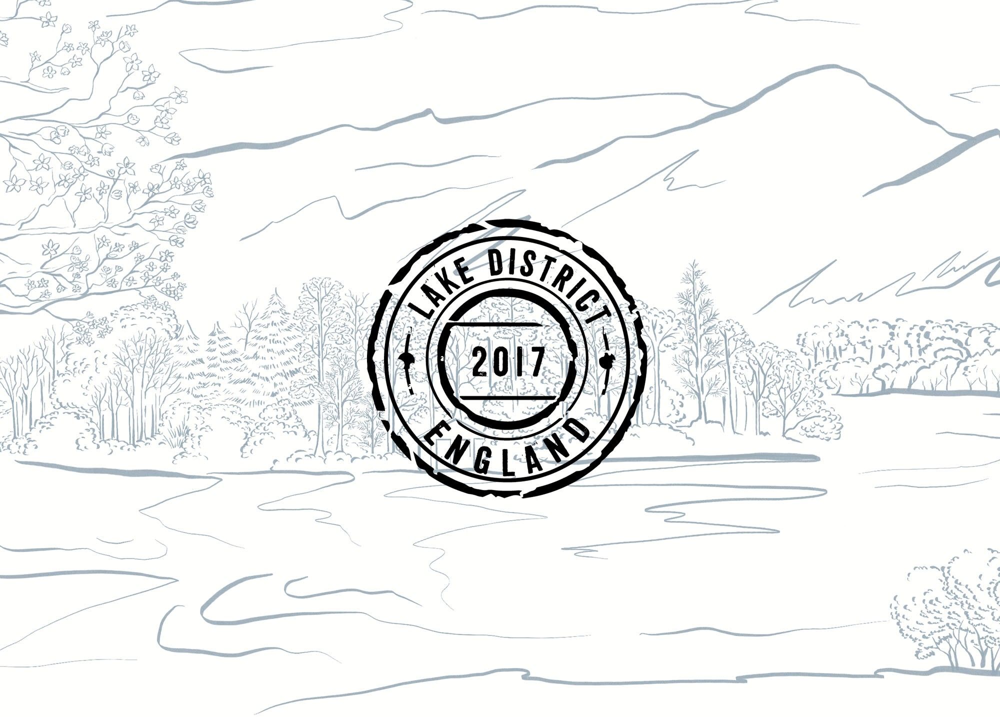 Tekening van het Lake District met het stempel van Agnes + Cat, 2017